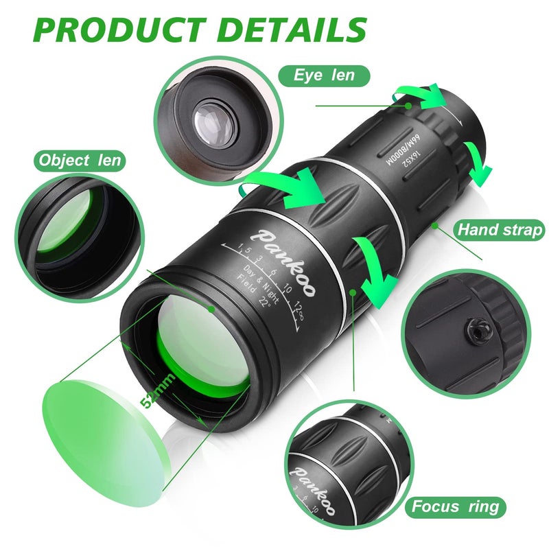 Pankoo 16X52 Monocular, Birthday Gifts for Men Dad Husband Him, Telescope High Powered for Adults, 2023 Power Prism Compact Monoculars for Adults Kids, Gadgets for Men, Valentines Gifts Ideas - Image 2